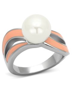 JCE810-5 High polished (no plating) Stainless Steel Ring with Synthetic Pearl in White-5